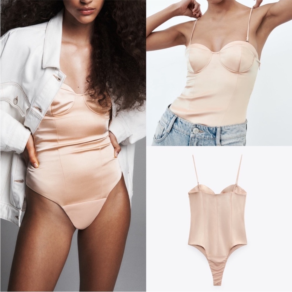 Zara NWT champagne / nude bustier style satin cami bodysuit top